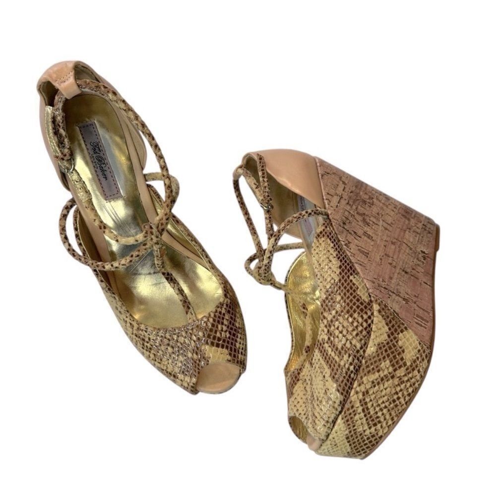 Ted Baker London platform cork snakeskin embossed strappy Wedge Sandals size 9